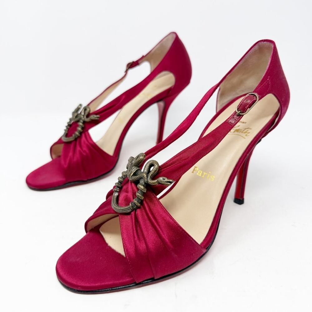 Christian Louboutin Drapo Rousso Satin Snake Buckle Heels Womens EU 39.5